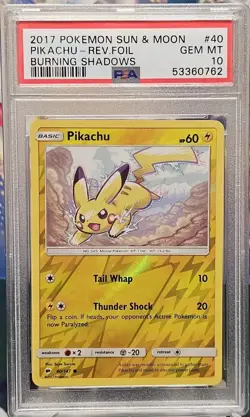 2017 Pokemon Sun & Moon Burning Shadows Reverse Holo 40 Pikachu PSA 10 #40 - Image 1