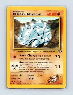 Blaine's Rhyhorn 65/132 Common Gym Challenge Pokemon Unlimited Lightly Played - Image 1