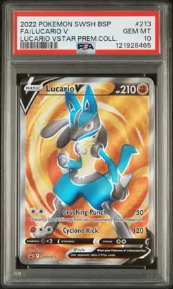 2022 POKEMON SWSH BLACK STAR PROMO #213 FA/LUCARIO V PREM.COLL. PSA10 - Image 1