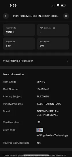 Pokemon TCG Blaziken Illustration Rare Card #192/182 Destined Rivals PSA 9 - Image 2