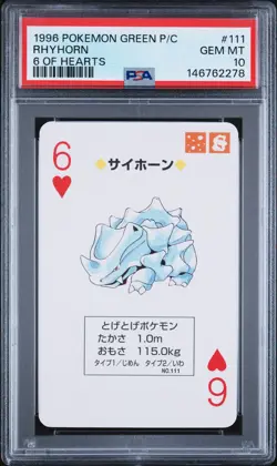 1996 POKEMON GREEN VERSION PLAYING CARDS 6 OF HEARTS #111 RHYHORN PSA 10 - Image 1