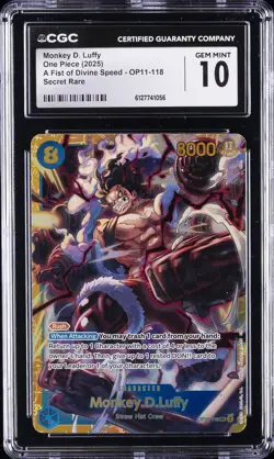 2025 ONE PIECE A FIST OF DIVINE SPEED SECRET RAR MONKEY D. LUFFY CGC 10 GEM MINT - Image 1