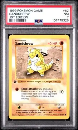 Sandshrew #62 - 1999 Pokemon Base Set 1st Edition - PSA 7 - Image 1