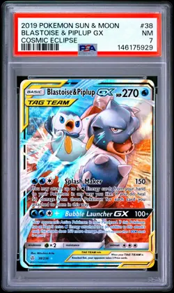 2019 POKEMON SUN & MOON COSMIC ECLIPSE #38 BLASTOISE & PIPLUP GX PSA 7 - Image 1
