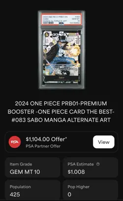 2024 One Piece PRB01 EN Sabo Manga Alternate Art #083 PSA 10 GEM POP 425 - Image 2