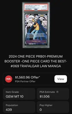 2024 One Piece PRB01 EN Trafalgar Law Manga Alternate Art #069 PSA 10 POP 439 - Image 2