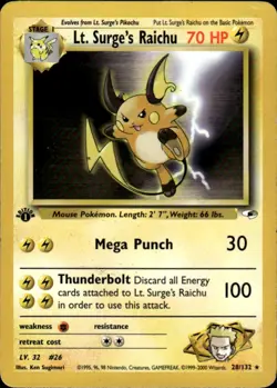 Lt. Surge's Raichu Rare Gym Heroes 028/132 Lightning 1st Edition Pokemon Card - Image 1