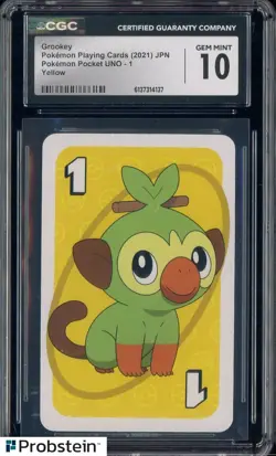 2021 Pokemon Playing Cards Japanese Pocket UNO 1 Yellow Grookey CGC 10 - Image 1