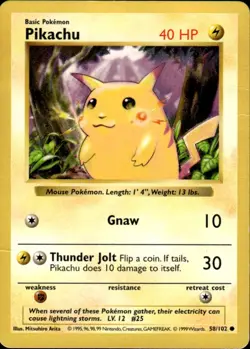 Pikachu Common Base Set Shadowless 058/102 Lightning Unlimited Pokemon Card - Image 1