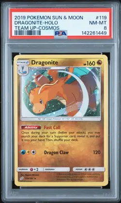 Dragonite #119 PSA 8 Cosmos Holo Bleed Team Up Promo Pokemon Card Swirl 🌀🔥 - Image 1