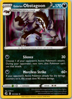 Galarian Obstagoon Pokemon TCG Fusion Strike 161/264 Holo Rare NM - Image 1
