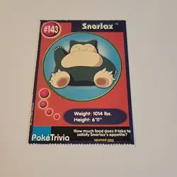Snorlax 1999 Original Pokemon Burger King PokeTrivia Card #143 Perforated - Image 1