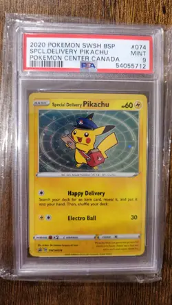 Pokemon Special Delivery Pikachu Center Canada Holo Promo SWSH074 PSA 9 x2 SWIRL - Image 1