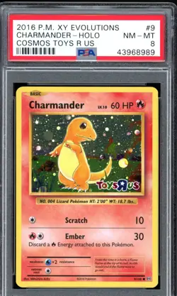 2016 Pokemon XY Evolutions Toys R Us Cosmo Holo 9 Charmander PSA 8 - Image 1