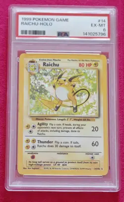 Pokemon TCG Raichu Holo Rare Card 14/102 Base Set 1999 PSA 6 - Image 1