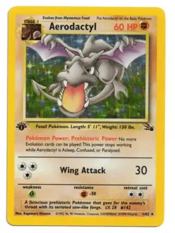 Pokemon Card: Aerodactyl HOLO 1/62 Fossil Set 1st Edition Vintage Rare! GD - Image 1