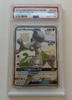 2019 POKEMON SUN & MOON HIDDEN FATES #SV59 FULL ART SHINY MEWTWO GX PSA 10 GEM - Image 1
