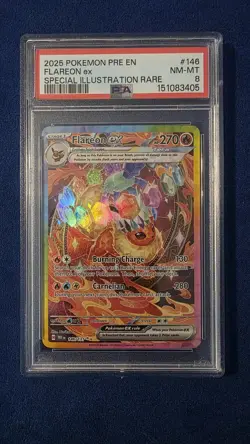 2025 POKEMON PRISMATIC EVOLUTIONS 146 FLAREON EX SPECIAL ILLUSTRATION RARE PSA 8 - Image 1