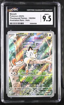 CGC 9.5 MINT+ Meowth 106/094 Phantasmal Flames Pokemon Card Holo - Image 1