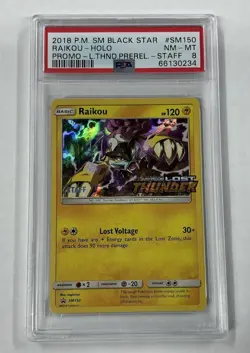 2018 POKEMON SM BLACK STAR PROMO LOST THUNDER PRERELEASE-STAFF RAIKOU-HOLO PSA 8 - Image 1