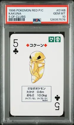 1996 POKEMON RED VERSION PLAYING CARDS 5 OF CLUBS #014B KAKUNA PSA 10 - Image 1