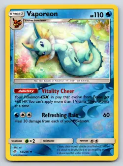 Vaporeon 42/236 Uncommon Cosmic Eclipse Pokemon Reverse Holo Near Mint - Image 1