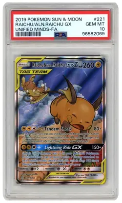 Pokemon Sun & Moon Unified Minds FA Raichu & Alolan Raichu GX #221 - PSA 10 - Image 1