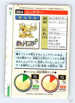 Kadabra No. 064 Bandai Carddass Series 1-2 G Green Japanese Pokemon 1996 MP - Image 2