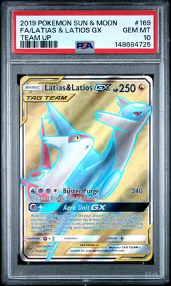 2019 POKEMON SUN & MOON TEAM UP #169 FULL ART/LATIAS & LATIOS GX PSA 10 - Image 1