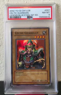 2002 YU-GI-OH LOB-LEGEND OF BLUE EYES WHITE DRAGON #007 CELTIC GUARDIAN PSA 8 - Image 1