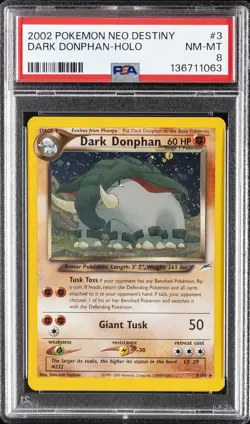 2002 POKEMON NEO DESTINY #3 DARK DONPHAN-HOLO PSA 8 - Image 1