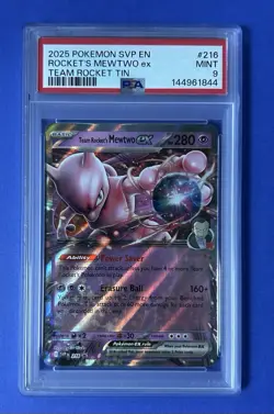 2025 Pokemon SVP EN Rocket’s MewTwo ex Team Rocket Tin #216 PSA 9 MINT - Image 1