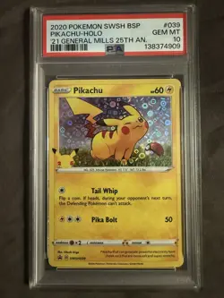 2020 POKEMON SWSH PIKACHU HOLO 21 GENERAL MILLS 25TH ANNIVERSARY PSA 10 - Image 1