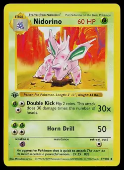 Pokemon Card - Nidorino Base Set (Shadowless) 37/102 Uncommon 1st Edition - Image 1