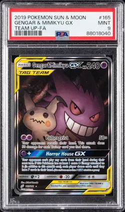 2019 POKEMON SUN & MOON TEAM UP #165 FULL ART/GENGAR & MIMIKYU GX PSA 9 - Image 1