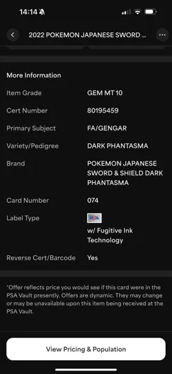 Pokemon TCG Gengar CHR 074/071 Dark Phantasma Card PSA 10 Gem Mint Japanese 2022 - Image 4