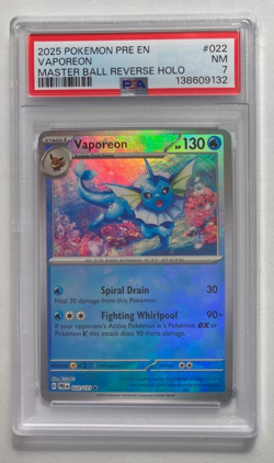 2025 POKEMON PRE EN-PRISMATIC EVOLUTIONS #022 VAPOREON MASTER BALL PSA NM-7 - Image 1