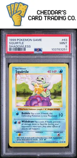 1999 Pokemon Game Squirtle Shadowless #63 PSA 9 (New Cert!) - Image 1