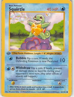 Squirtle 63/102 Common Base Set Shadowless Pokemon 1st Edition HP Arita - Image 1