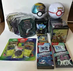 NEW Pokemon Lot of 13 items Pokemon Tins Knockout PokeBall Booster Packs Mega - Image 1