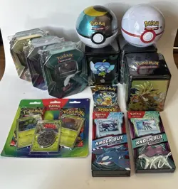 NEW Pokemon Lot of 13 items Pokemon Tins Knockout PokeBall Booster Packs Mega - Image 2