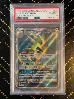 2018 Pokemon Lost Thunder Tyranitar GX Full Art #203 PSA 10 Gem Mint - Image 1