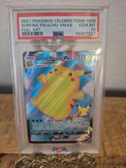 2021 POKEMON CELEBRATIONS #009 FULL ART/SURFING PIKACHU VMAX PSA 10 GEM MINT - Image 1