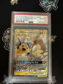 Pokemon TCG Unified Minds SM11 Raichu Alolan Raichu GX Card 54/236 PSA 10 Gem - Image 1