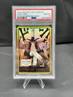 Bandai One Piece CCG The Azure Sea's Seven Don!! Dracule Mihawk Gold Foil PSA 10 - Image 1