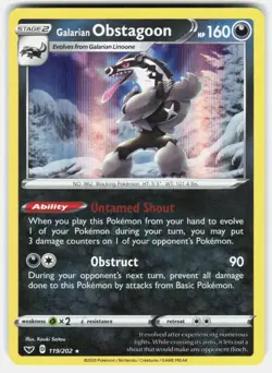 GALARIAN OBSTAGOON 119/202 HOLO RARE SWORD & SHIELD POKEMON REVERSE HOLO NM/M - Image 1