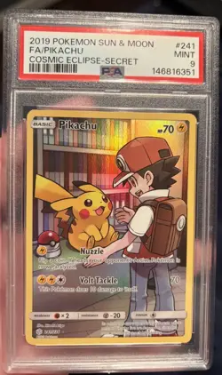 2019 POKEMON SUN & MOON COSMIC ECLIPSE SECRET #241 FULL ART/PIKACHU PSA 9 CLEAN - Image 1