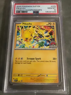 2025 POKEMON SVP EN-SV BLACK STAR PROMO WORLD CHAMPIONSHIPS #225 PIKACHU PSA 10 - Image 1