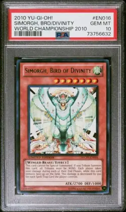 Yugioh PSA 10 Gem Mint 2010 Simorgh, Bird of Divinity WCPP-EN008 Limited Rare - Image 1