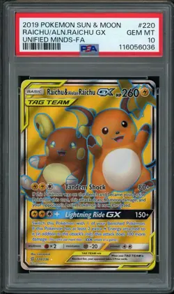 2019 Pokemon Raichu Alolan Raichu GX Full Art TAG TEAM 220/236 PSA 10 Sun & Moon - Image 1